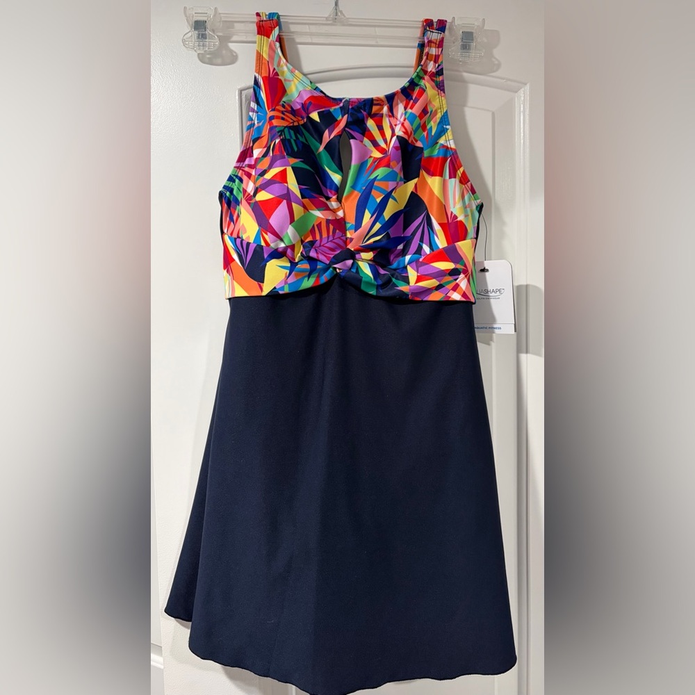 Multicolor Twist-Front One-Piece Swimdress with Navy Skirt